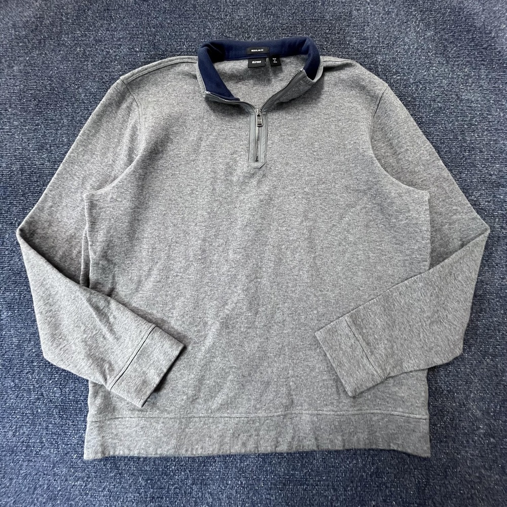 BOSS Hugo Boss Sweater Mens 2XL Gray Half Zip Pullover Regular Fit‎ Navy Collar